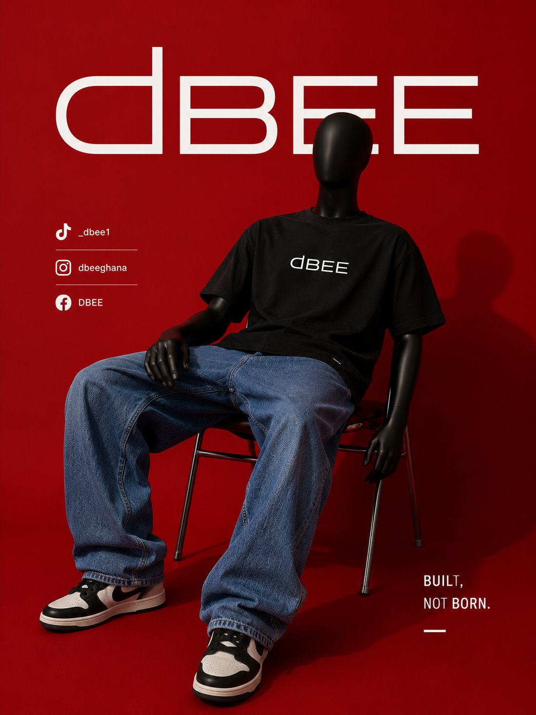 Black dBEE shirt concept on a red studio background